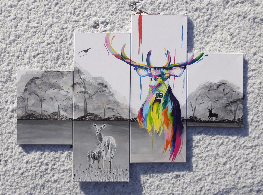 Hirsch, bunt, schwarz, weiß, Mehrteiler, Hirschkuh, Kitz